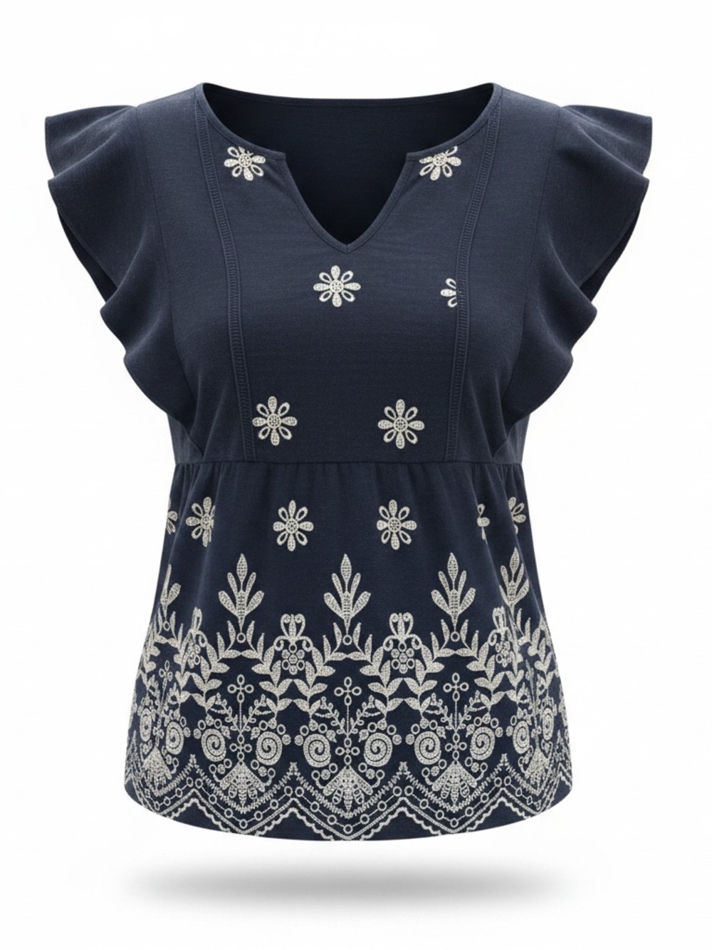 BloomChic Navy Embroidered Ruffle Sleeve V-Neck Tunic